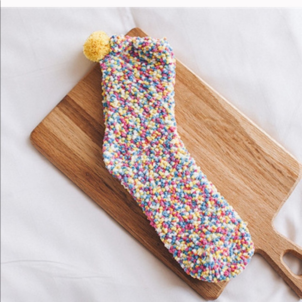 Cupcake Fuzzy Pom Pom Socks in Yellow Multi! - Picture 2 of 2